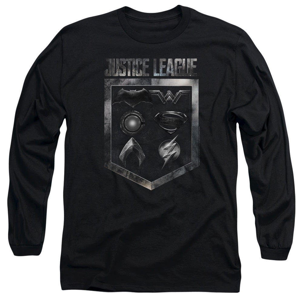 Justice League Movie Shield Of Emblems Mens Long Sleeve Shirt Black Officially Licensed Officially Licensed