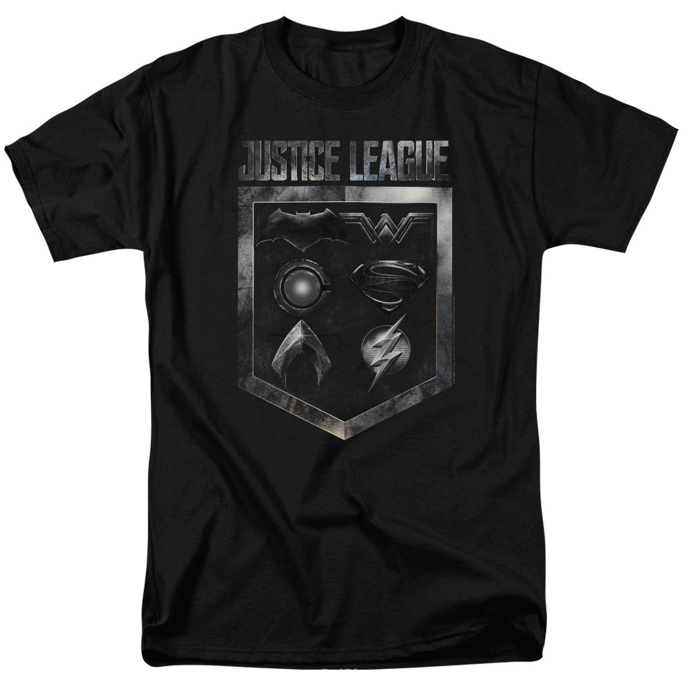 Justice League Movie Shield Of Emblems Mens T Shirt Black Officially Licensed