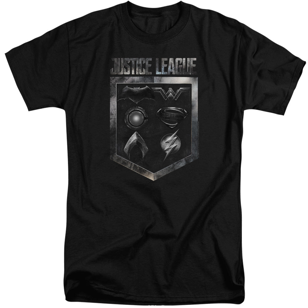 Justice League Movie Shield Of Emblems Mens Tall T Shirt Black Officially Licensed