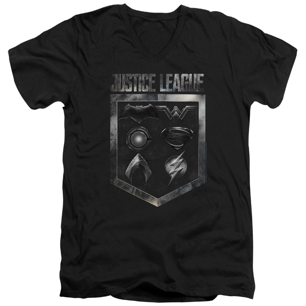 Justice League Movie Shield of Emblems Mens Slim Fit V-Neck T Shirt Black Officially Licensed