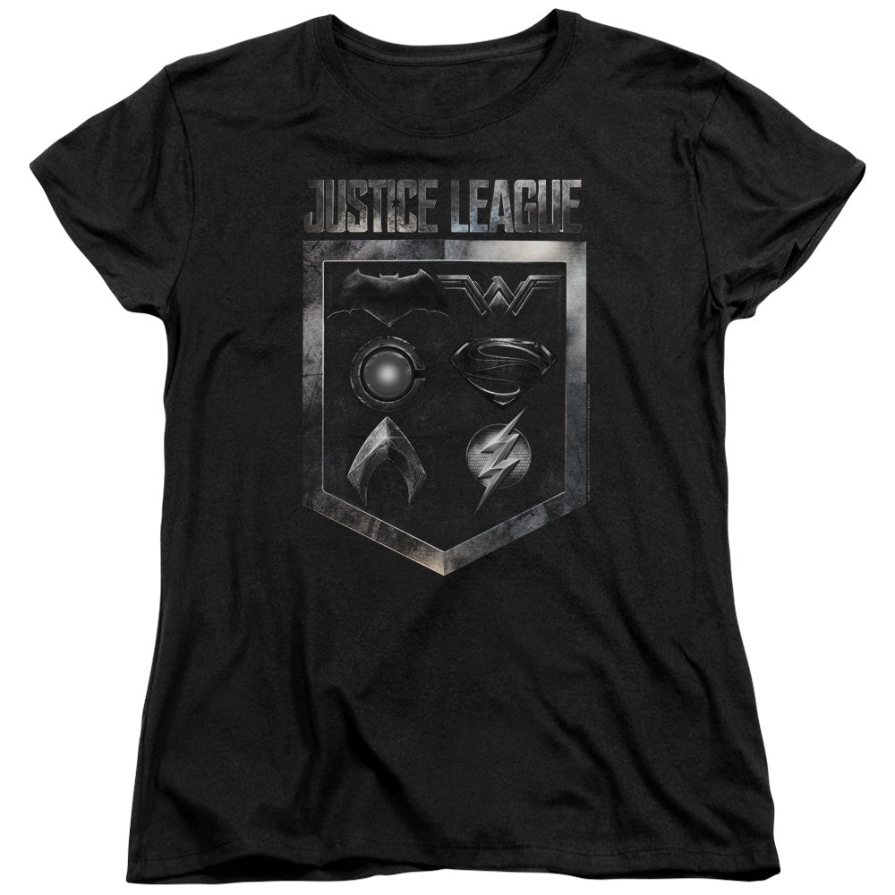 Justice League Movie Shield of Emblems Womens T Shirt Black Officially Licensed
