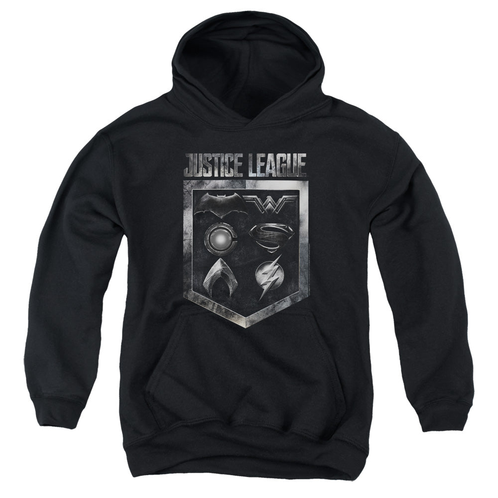 Justice League Movie Shield of Emblems Kids Youth Hoodie Black Officially Licensed