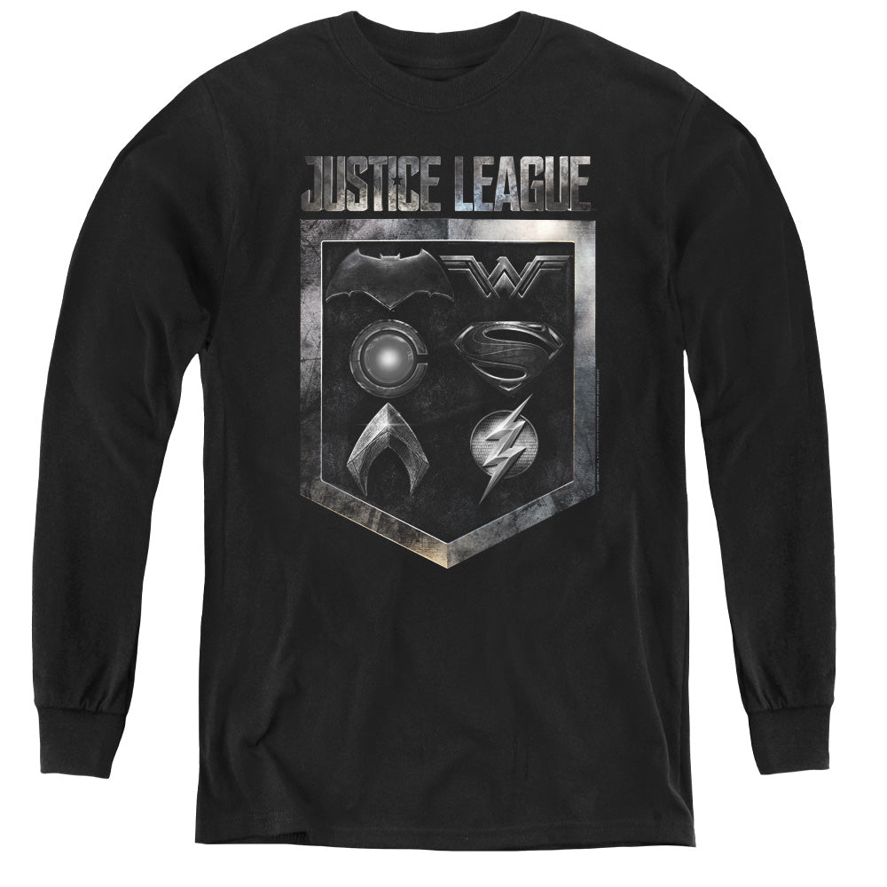 Justice League Movie Shield of Emblems Long Sleeve Kids Youth T Shirt Black Officially Licensed