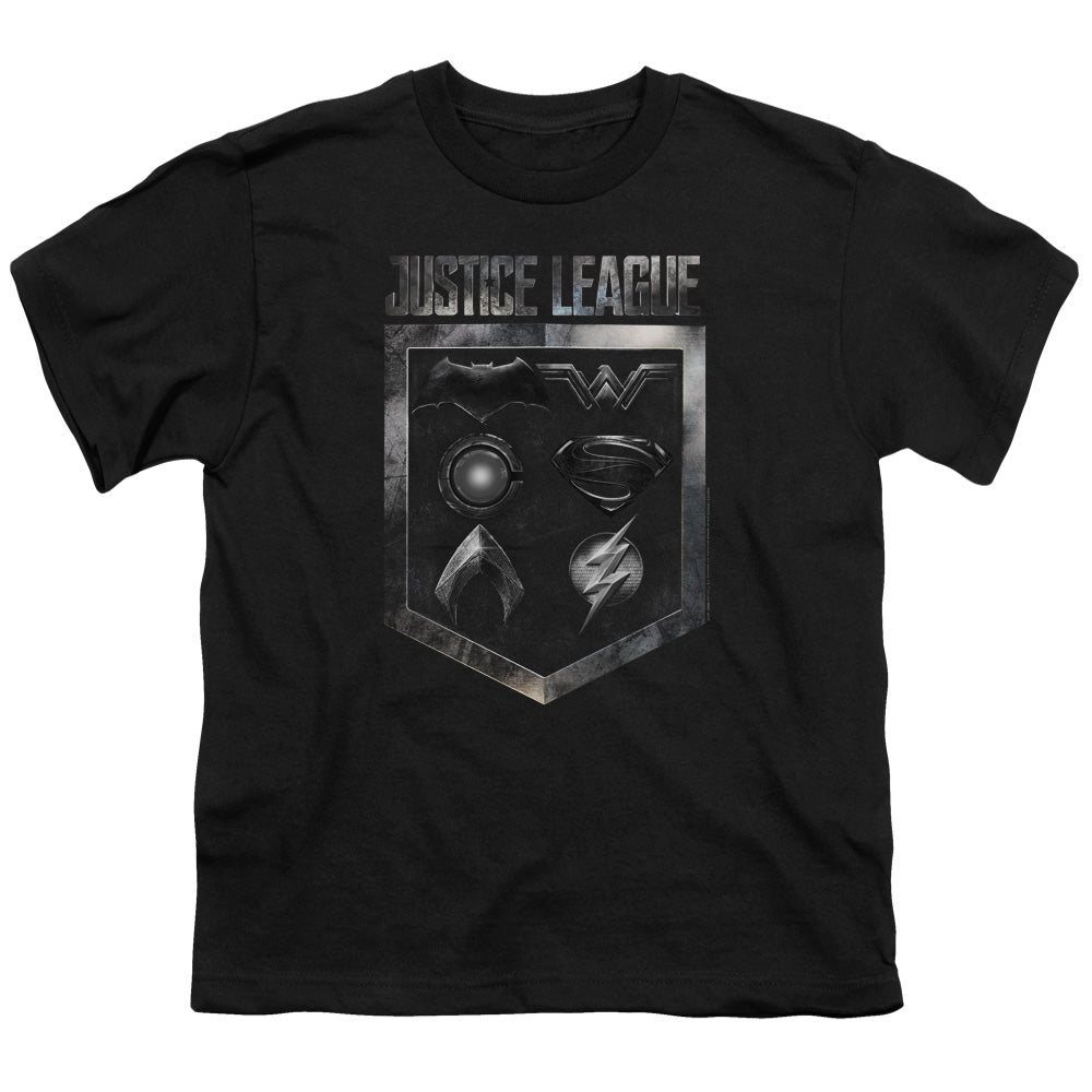 Justice League Movie Shield of Emblems Kids Youth T Shirt Black Officially Licensed