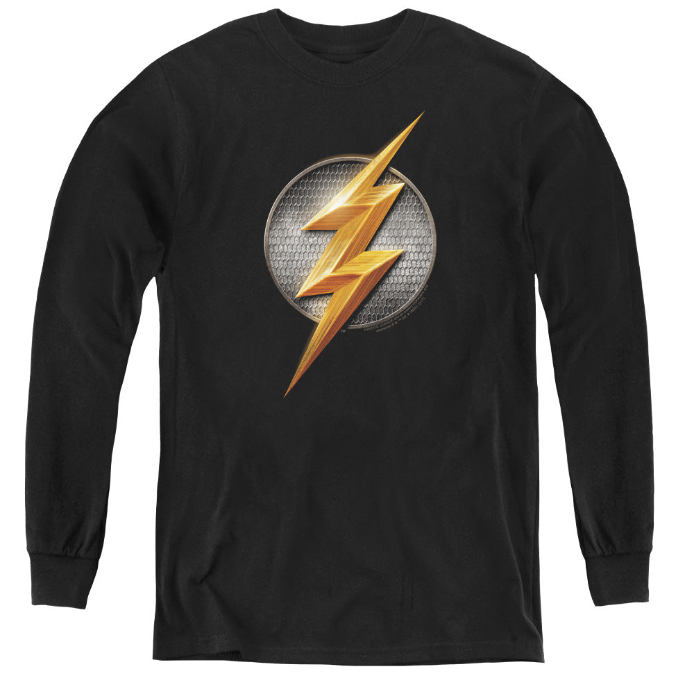 Justice League Movie Flash Logo Long Sleeve Kids Youth T Shirt Black Officially Licensed