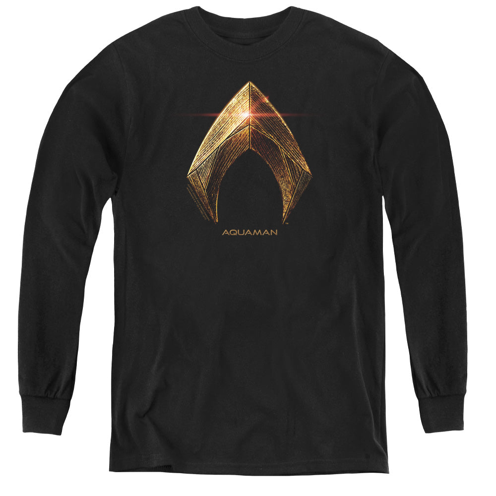 Justice League Movie Aquaman Logo Long Sleeve Kids Youth T Shirt Black Officially Licensed