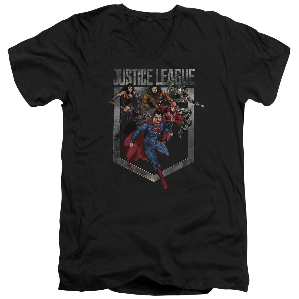 Justice League Movie Charge Mens Slim Fit V-Neck T Shirt Black Officially Licensed