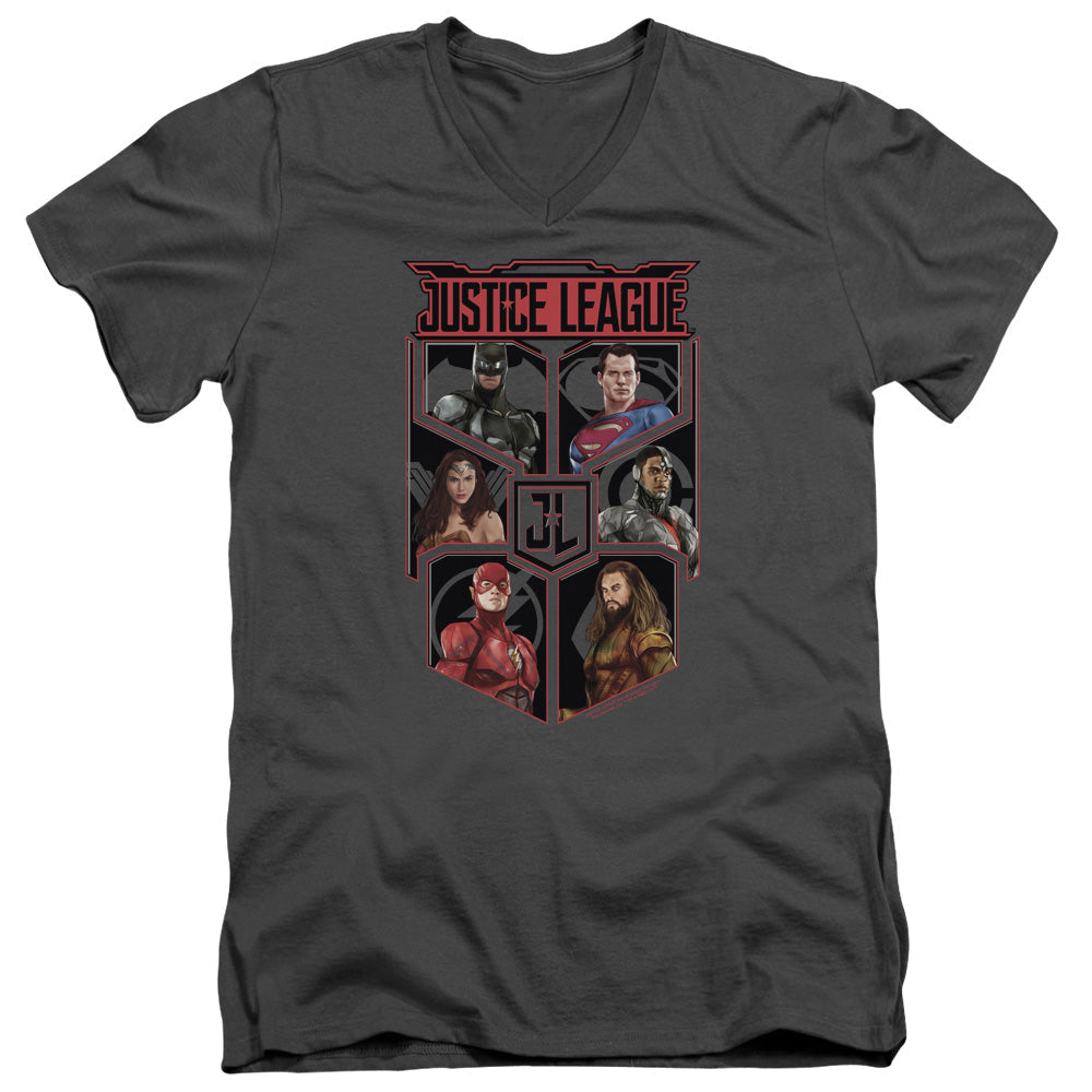 Justice League Movie League of Six Mens Slim Fit V-Neck T Shirt Charcoal Officially Licensed
