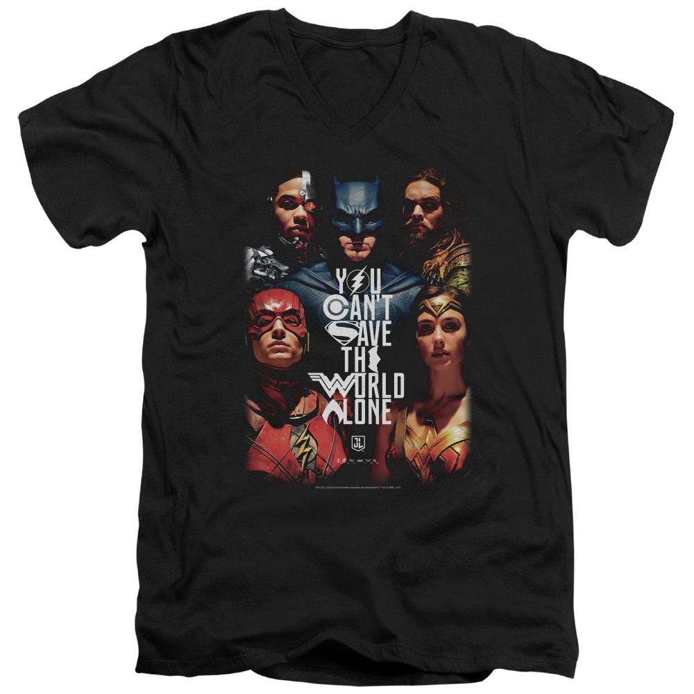 Justice League Movie Save the World Poster Mens Slim Fit V-Neck T Shirt Black Officially Licensed