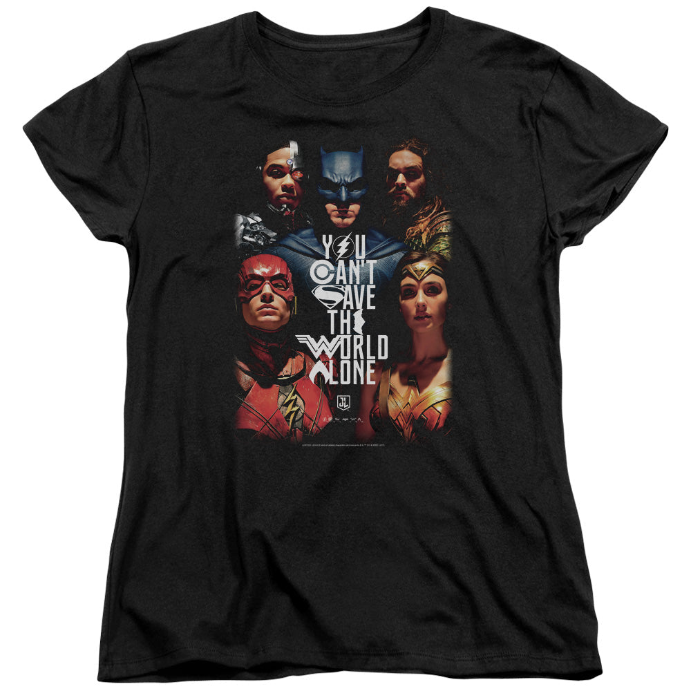 Justice League Movie Save the World Poster Womens T Shirt Black Officially Licensed