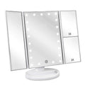 Floor Mount Tri-Fold Lighted Vanity Mirror with 21 LED Lights, Touch Screen and 3X/2X/1X Magnification, Two Power Supply Modes Make Up Mirror,Travel Mirror White