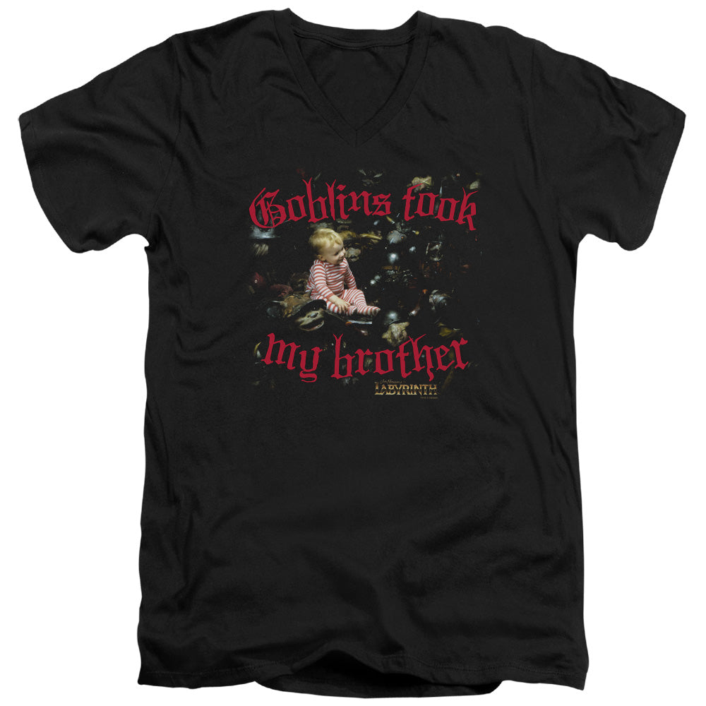 Labyrinth Goblins Took My Brother Mens Slim Fit V-Neck T Shirt Black Officially Licensed