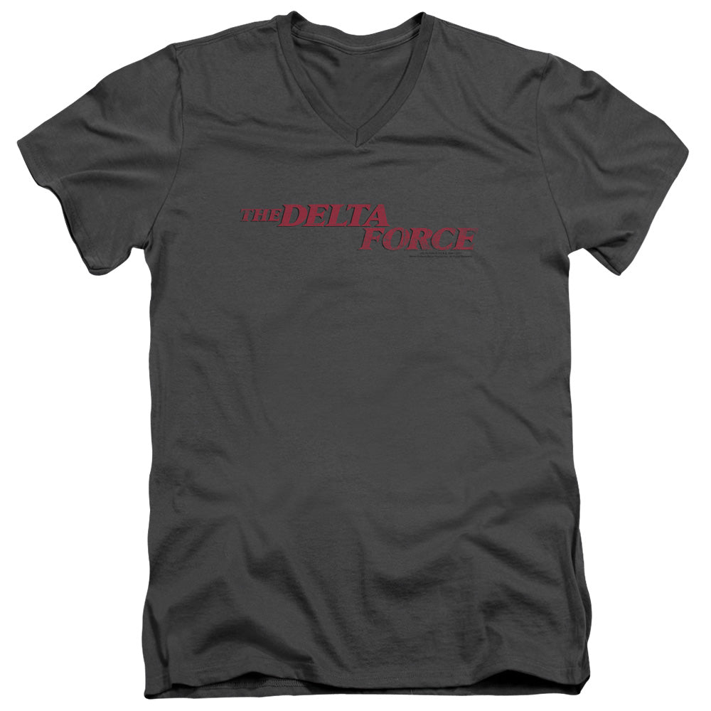 Delta Force Distressed Logo Mens Slim Fit V-Neck T Shirt Charcoal Officially Licensed