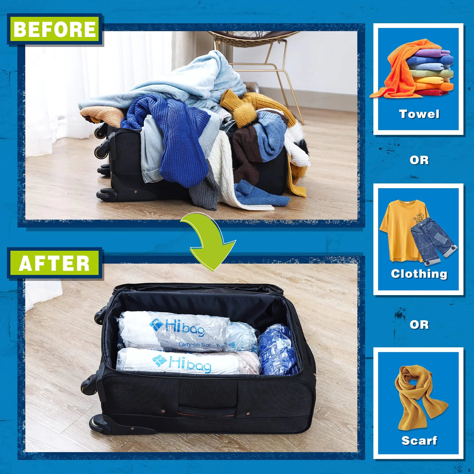 HIBAG 12 Compression Bags for Travel, Travel Essentials Compression Bags, Vacuum Packing Space Saver Zipper Bags for Cruise Travel Accessories (12-Travel)