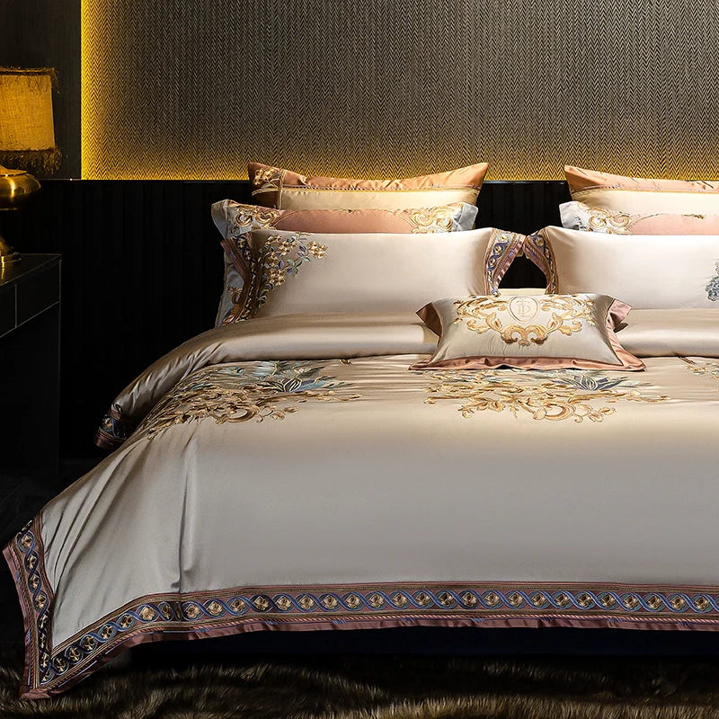 European Luxury Palace Satin Silk Cotton Embroidery Bedding Set 6-10 PCs Set
