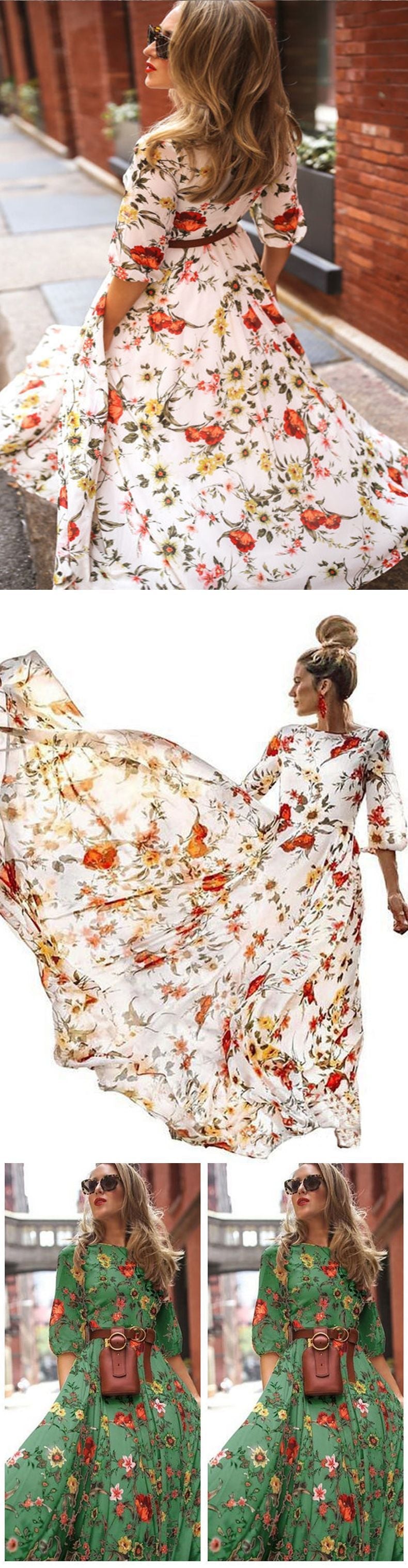 Elegant Spring Flower Long-Sleeved Maxi Dress