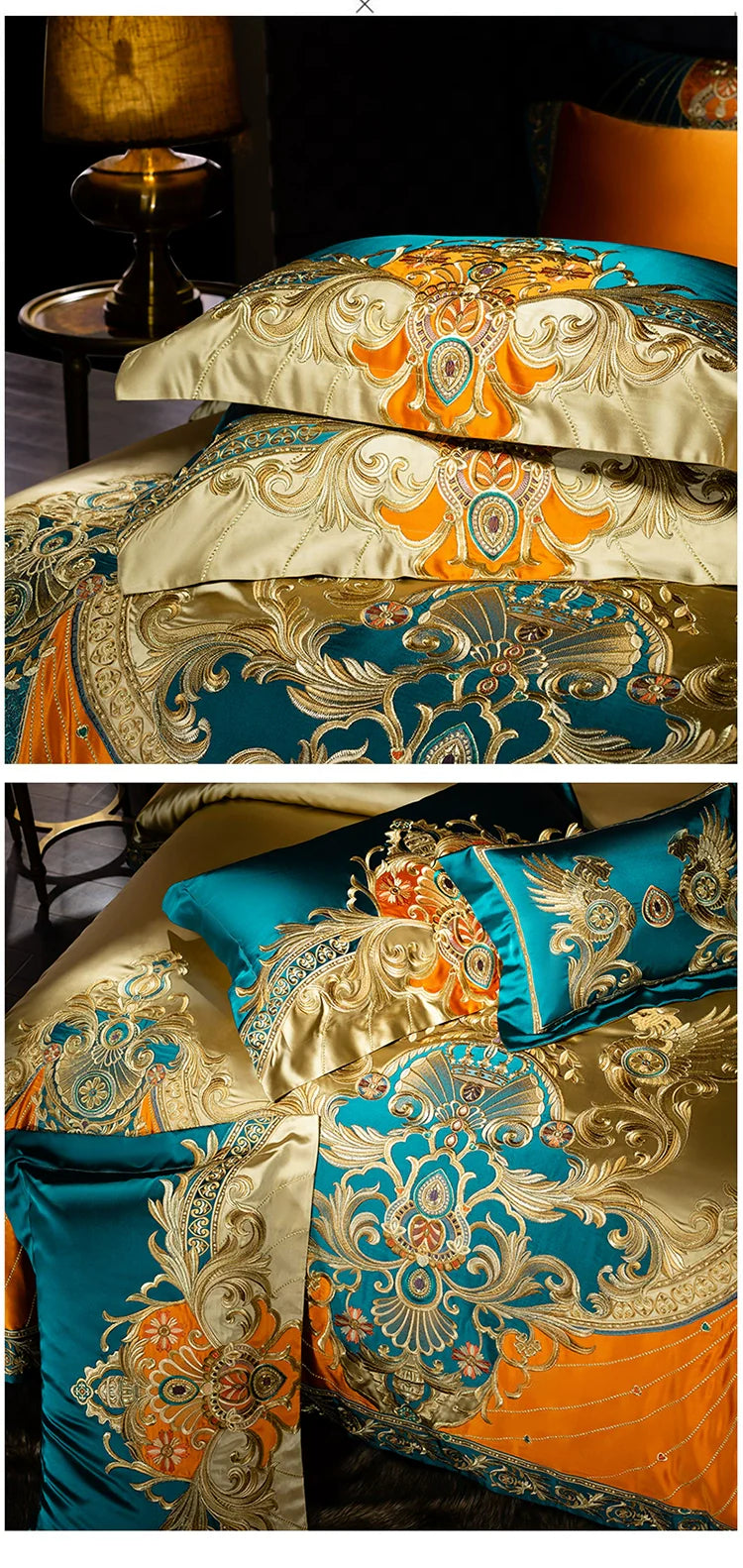 European Luxury Palace Satin Silk Cotton Embroidery Bedding Set 6-10 PCs Set