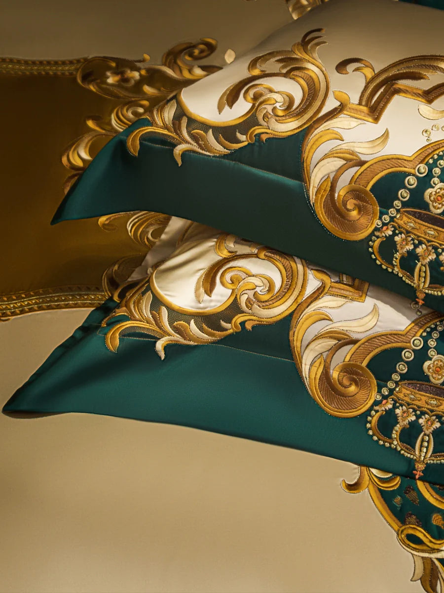 European Luxury Palace Satin Silk Cotton Embroidery Bedding Set 6-10 PCs Set