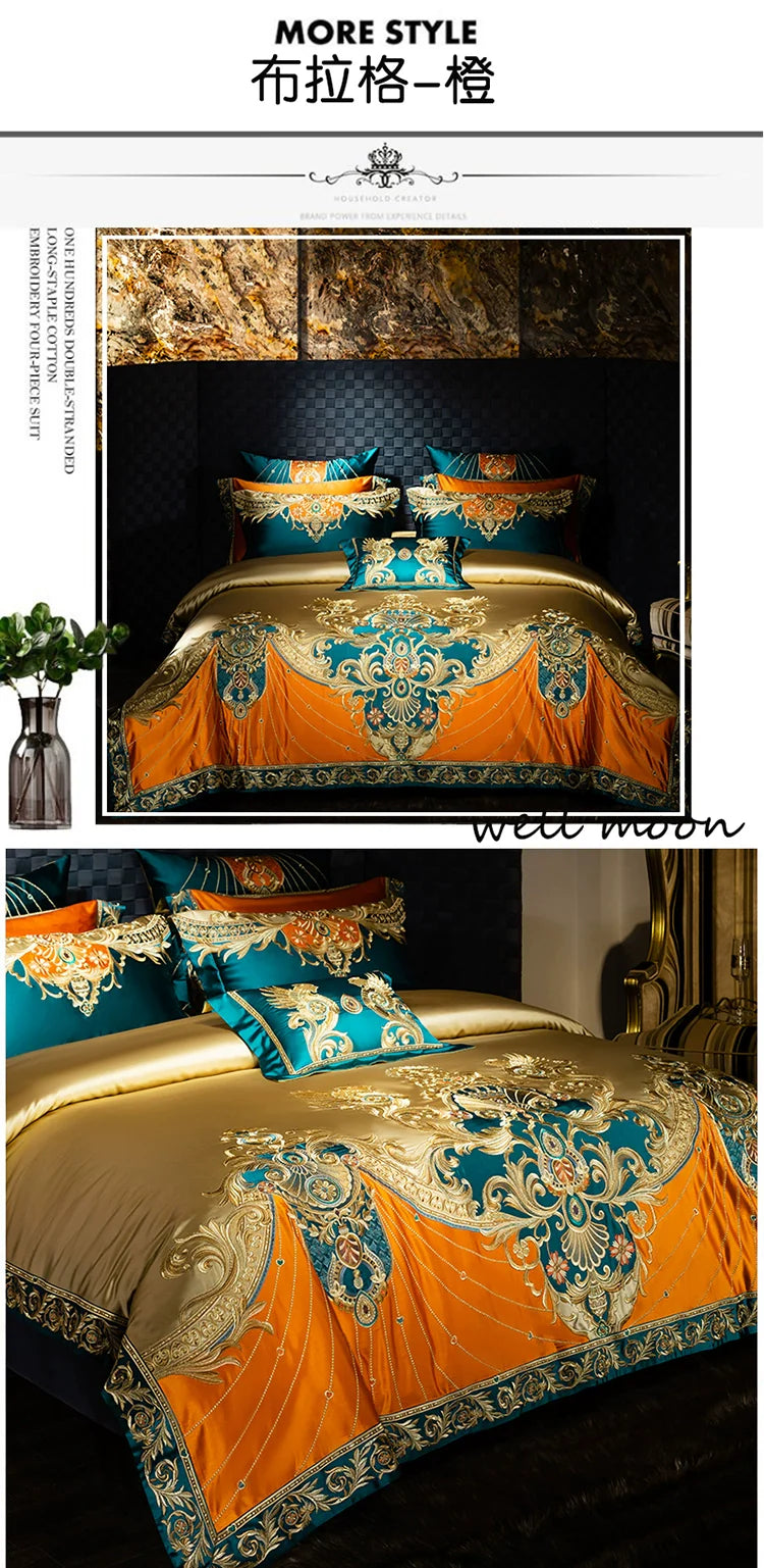 European Luxury Palace Satin Silk Cotton Embroidery Bedding Set 6-10 PCs Set