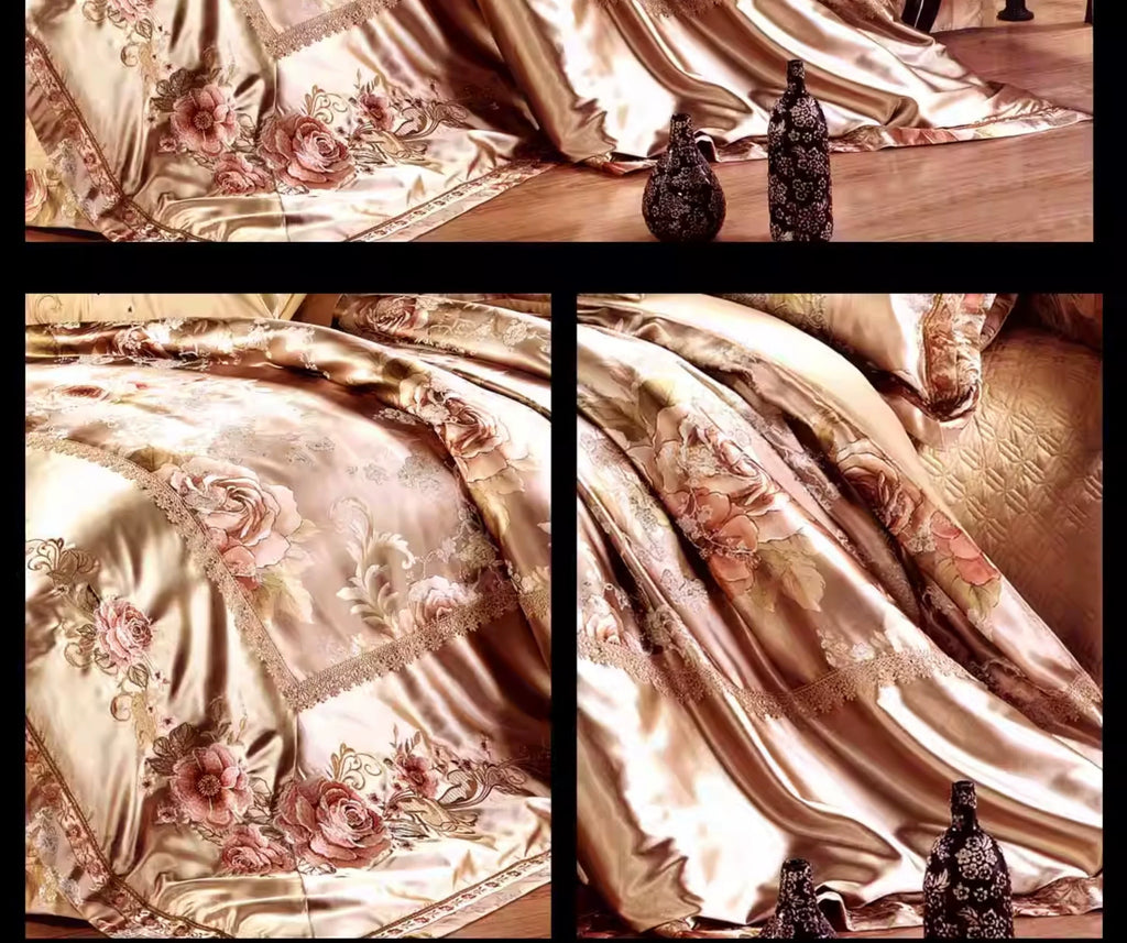 European Luxury Pure Cotton Satin Embroidery Bedding Set 4 - 10 Pieces