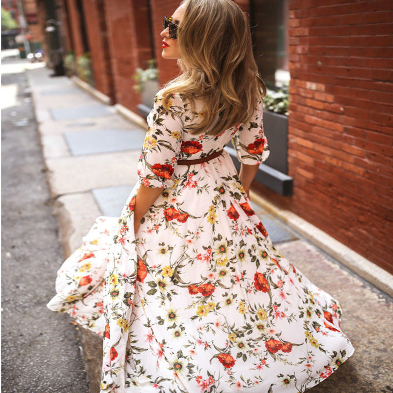 Elegant Spring Flower Long-Sleeved Maxi Dress