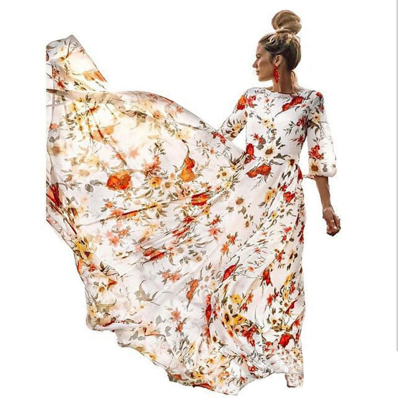 Elegant Spring Flower Long-Sleeved Maxi Dress