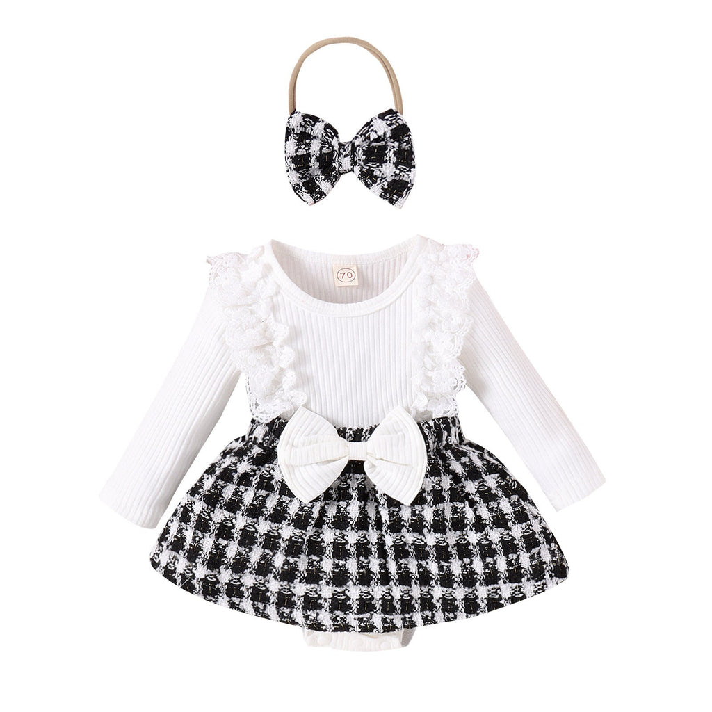 Long Sleeve Stitching Woven Style Plaid Skirt Bow Romper