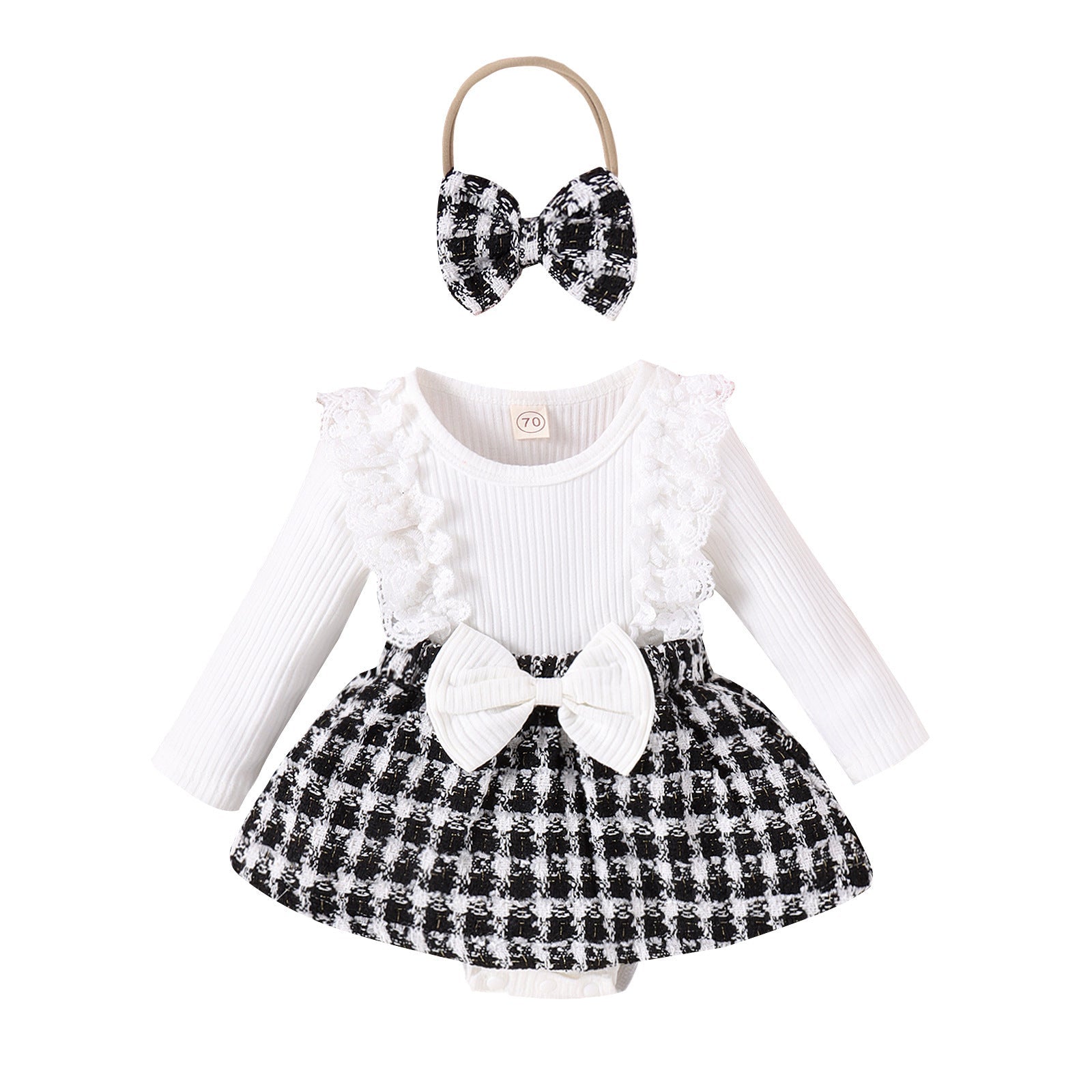 Long Sleeve Stitching Woven Style Plaid Skirt Bow Romper