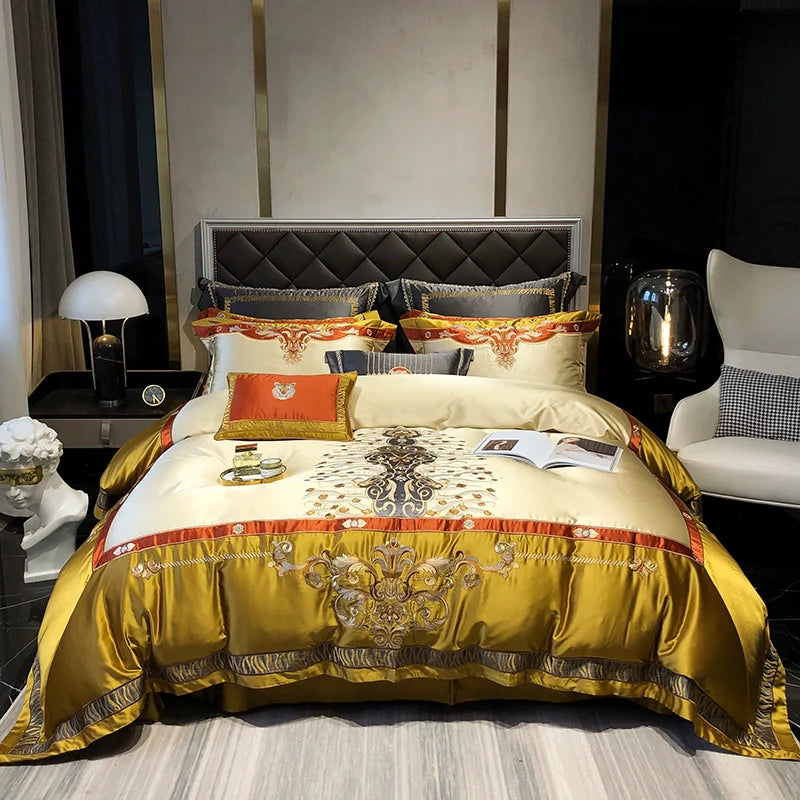 European Luxury Palace Satin Silk Cotton Embroidery Bedding Set 6-10 PCs Set