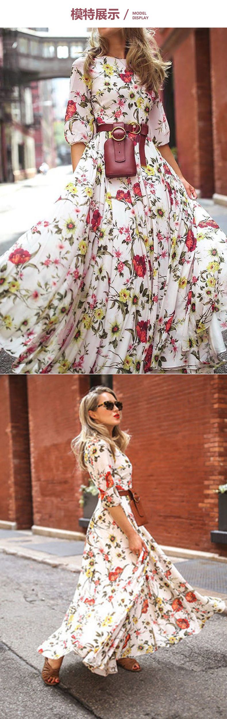 Elegant Spring Flower Long-Sleeved Maxi Dress