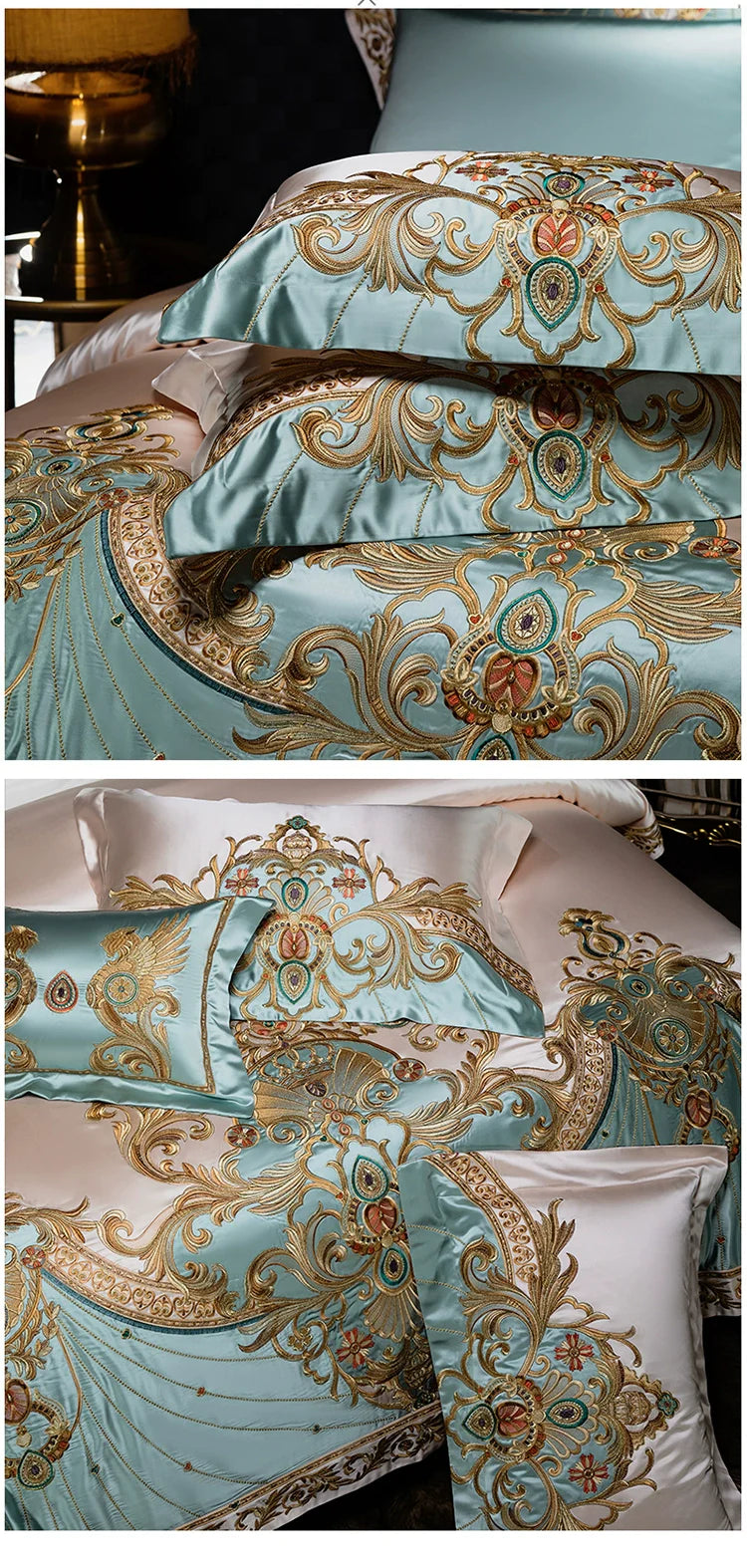 European Luxury Palace Satin Silk Cotton Embroidery Bedding Set 6-10 PCs Set