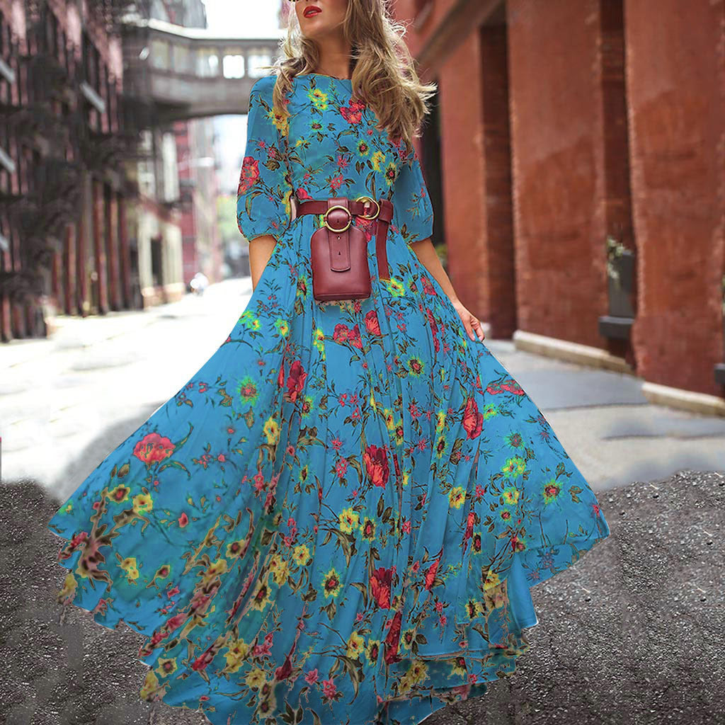 Elegant Spring Flower Long-Sleeved Maxi Dress