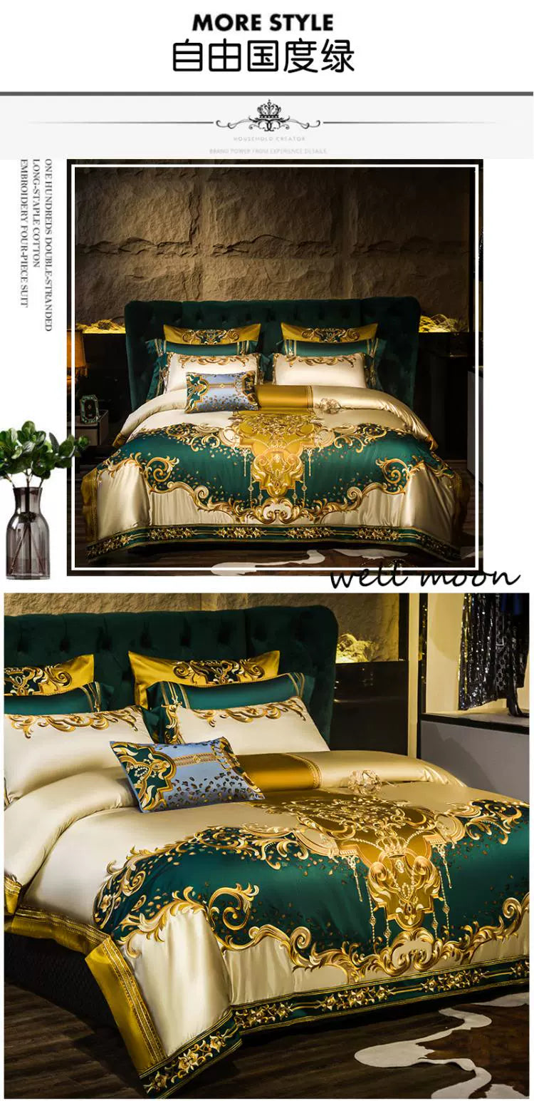 European Luxury Palace Satin Silk Cotton Embroidery Bedding Set 6-10 PCs Set