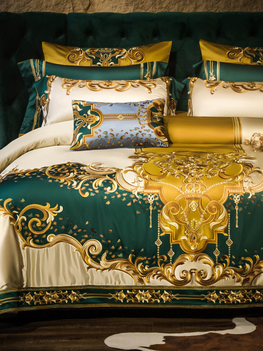 European Luxury Palace Satin Silk Cotton Embroidery Bedding Set 6-10 PCs Set