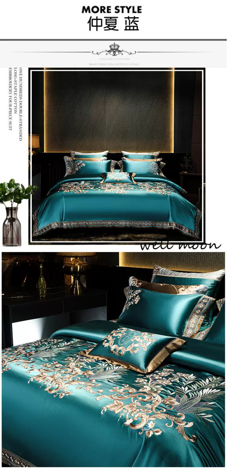 European Luxury Palace Satin Silk Cotton Embroidery Bedding Set 6-10 PCs Set