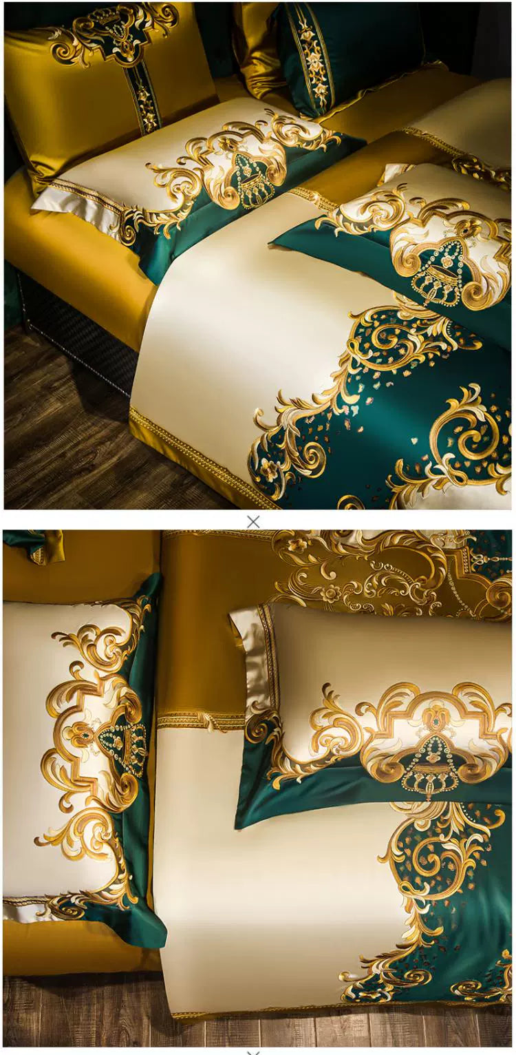 European Luxury Palace Satin Silk Cotton Embroidery Bedding Set 6-10 PCs Set