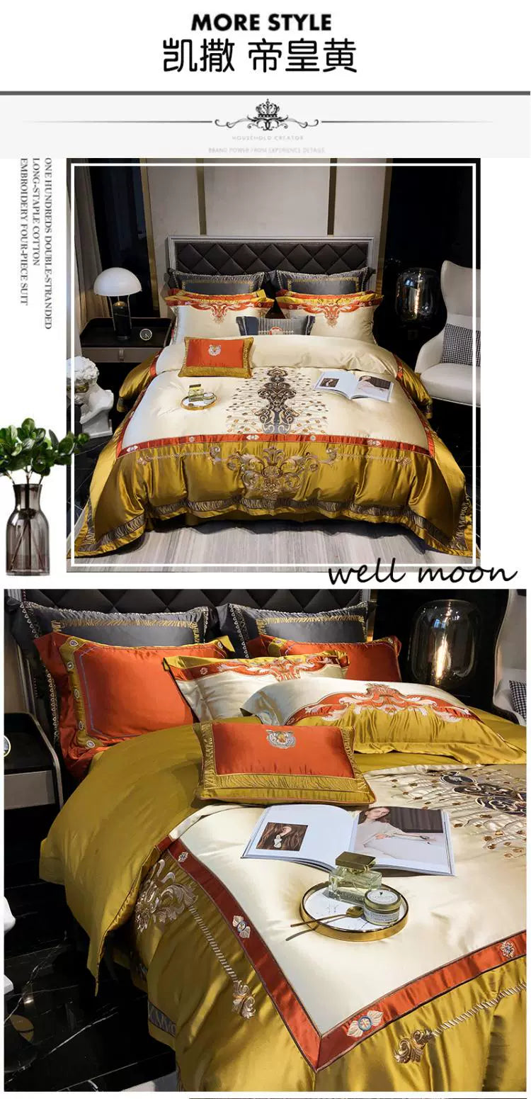 European Luxury Palace Satin Silk Cotton Embroidery Bedding Set 6-10 PCs Set