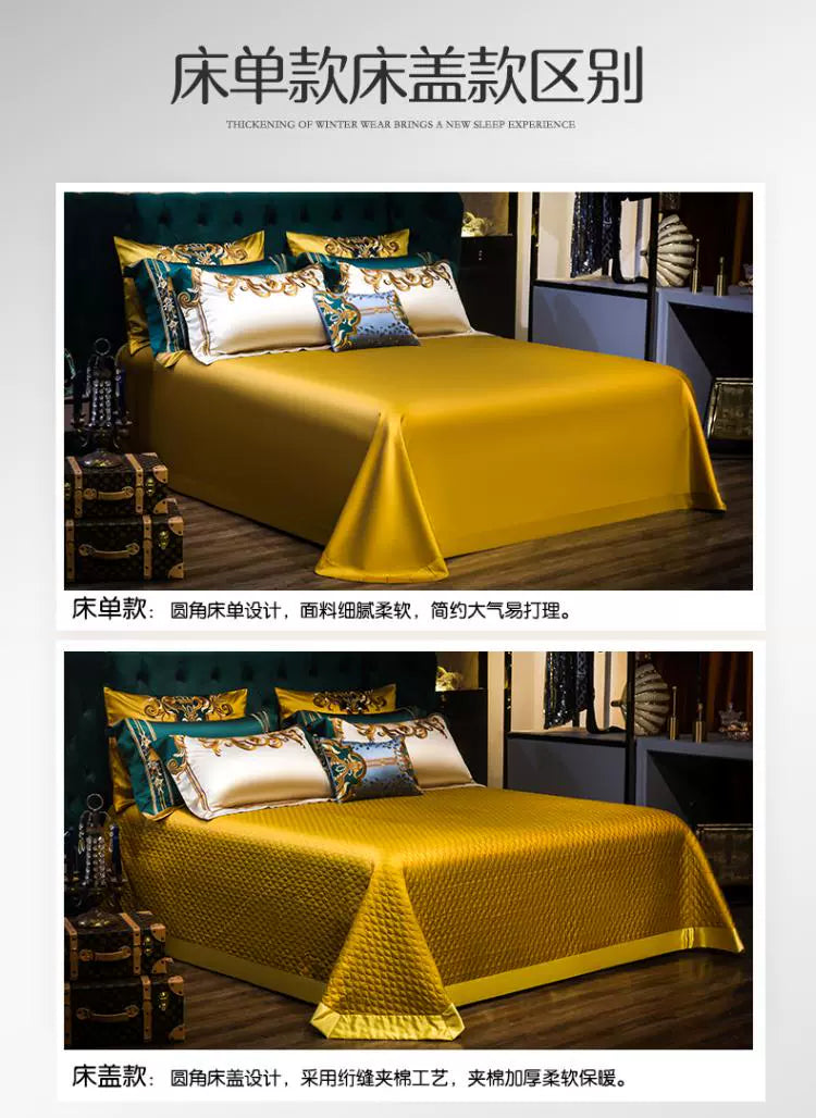 European Luxury Palace Satin Silk Cotton Embroidery Bedding Set 6-10 PCs Set