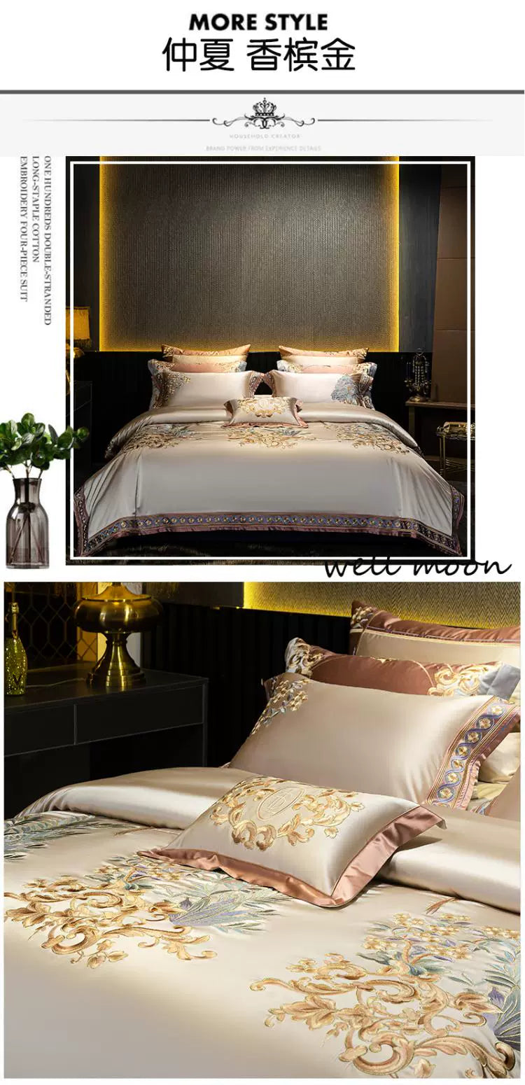 European Luxury Palace Satin Silk Cotton Embroidery Bedding Set 6-10 PCs Set