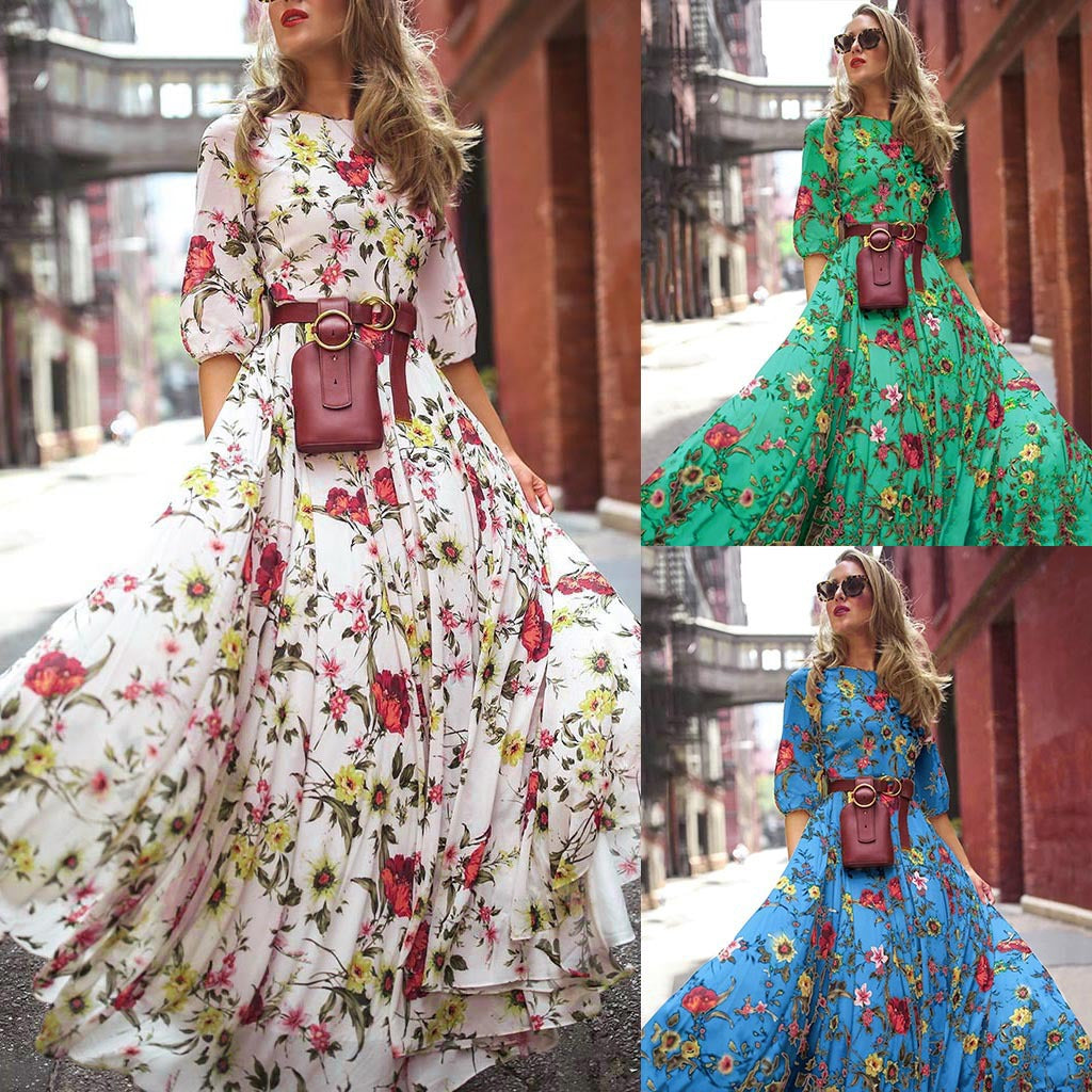 Elegant Spring Flower Long-Sleeved Maxi Dress