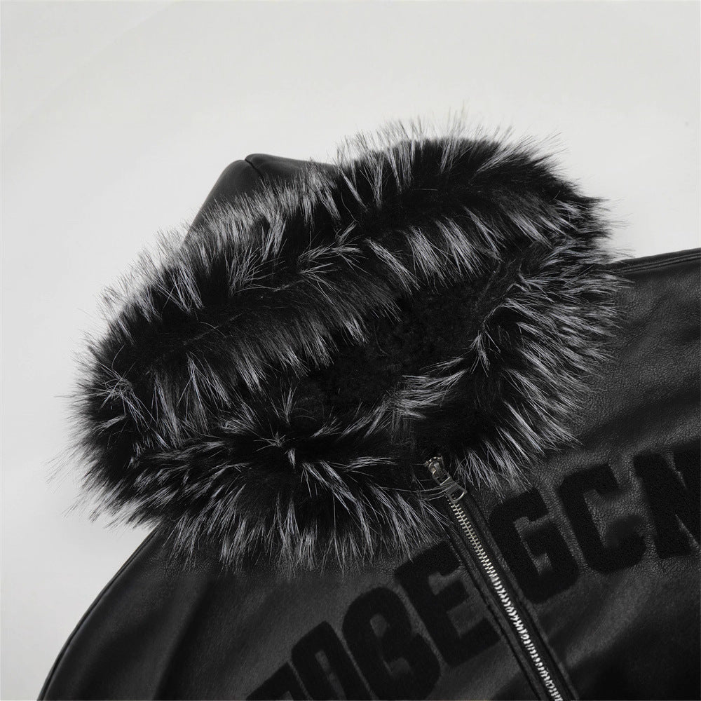 Street Style Men's Cotton Coat with Hood, Fur Collar, Letter Embroidery, Casual Loose Fit Outerwear Jacket