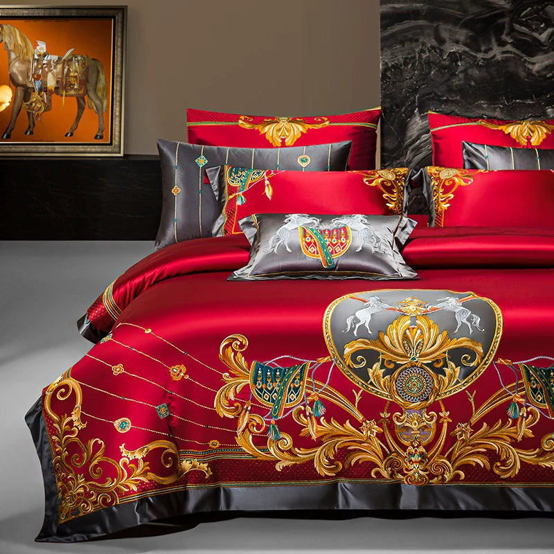 European Luxury Palace Satin Silk Cotton Embroidery Bedding Set 6-10 PCs Set