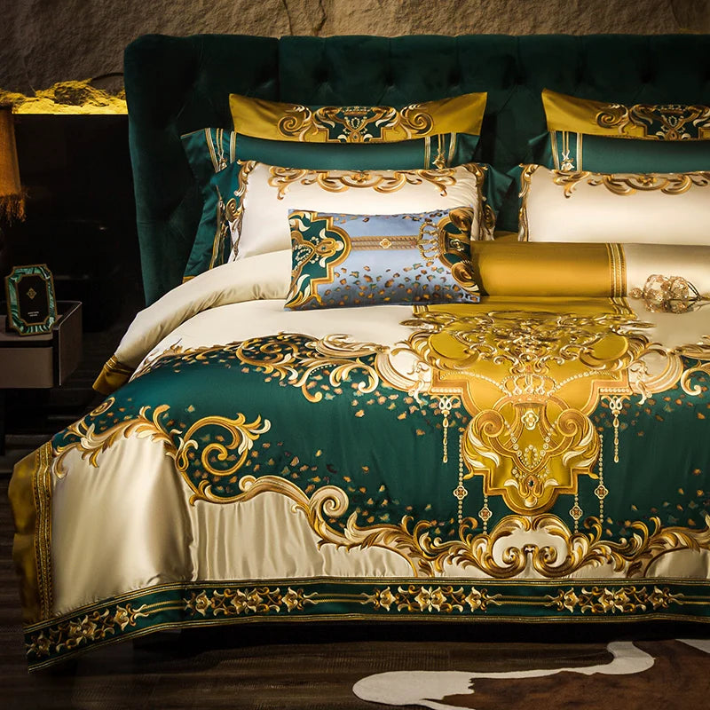 European Luxury Embroidery Palace Pure Cotton Satin Silk Bedding Set 6-10 PCs Set
