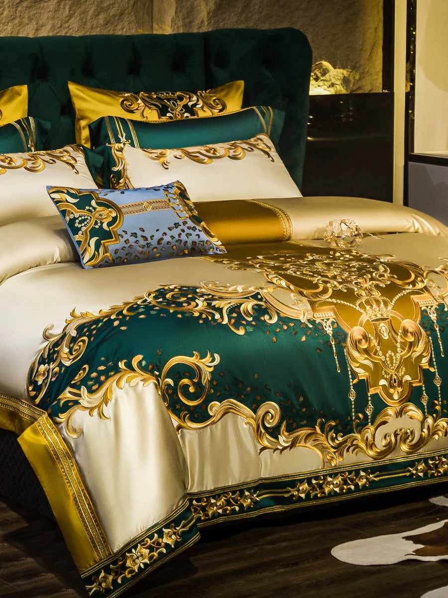 European Luxury Palace Satin Silk Cotton Embroidery Bedding Set 6-10 PCs Set