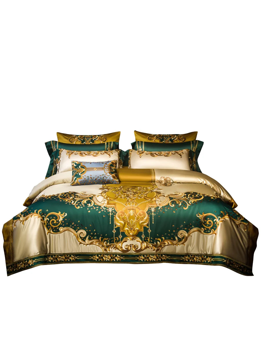 European Luxury Palace Satin Silk Cotton Embroidery Bedding Set 6-10 PCs Set