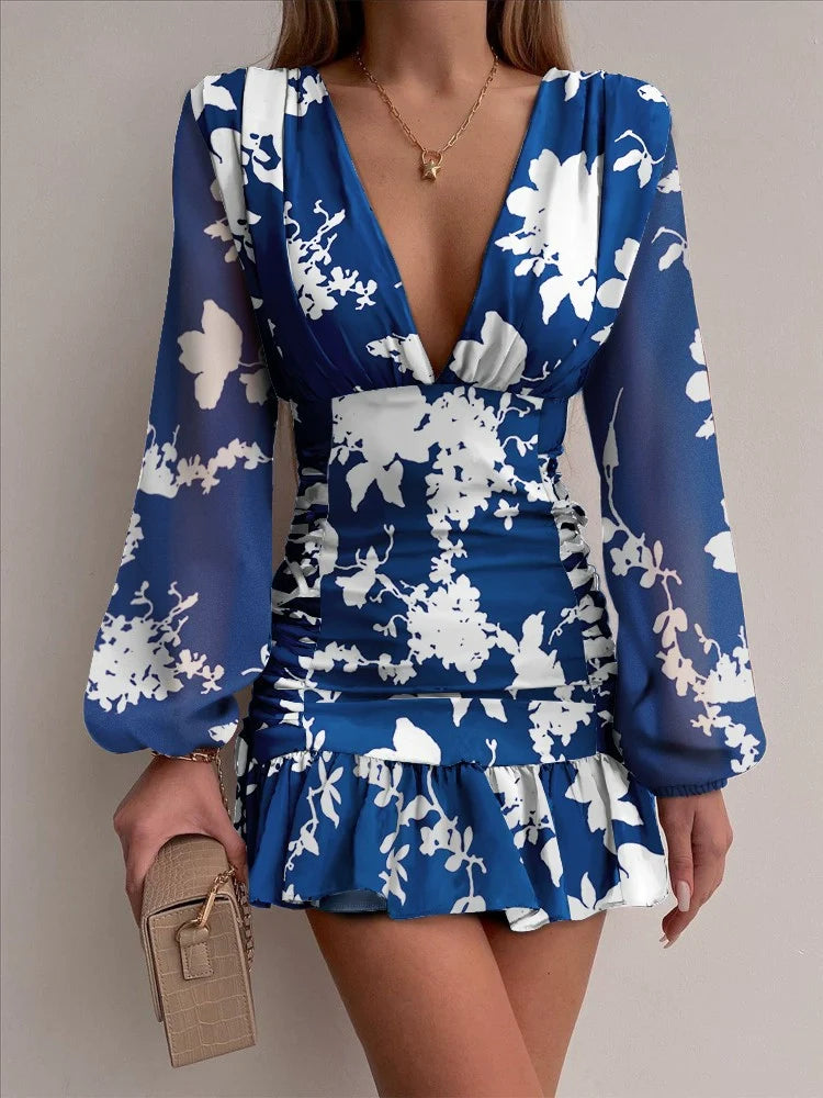 Fashion V-Neck Pleated Ruffle Dress