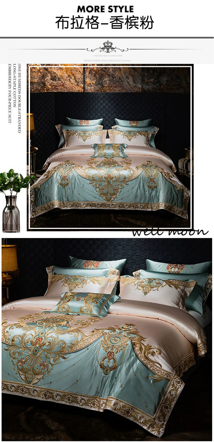 European Luxury Palace Satin Silk Cotton Embroidery Bedding Set 6-10 PCs Set