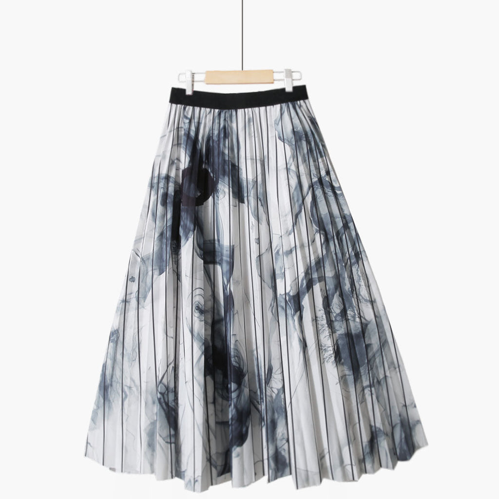 Summer Retro Blue and White Porcelain Printed Mid Length Pleated Skirt