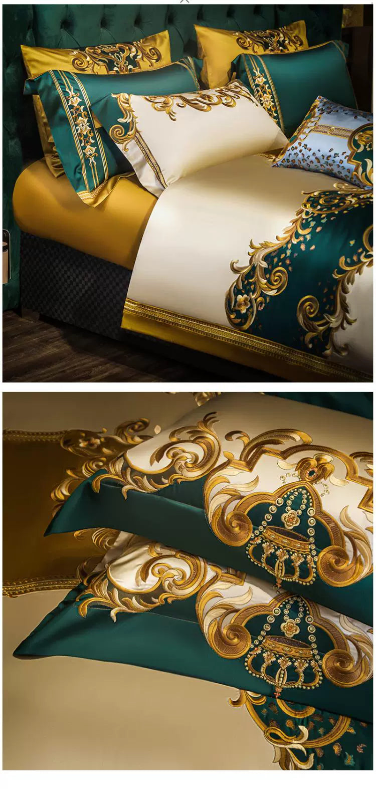 European Luxury Palace Satin Silk Cotton Embroidery Bedding Set 6-10 PCs Set