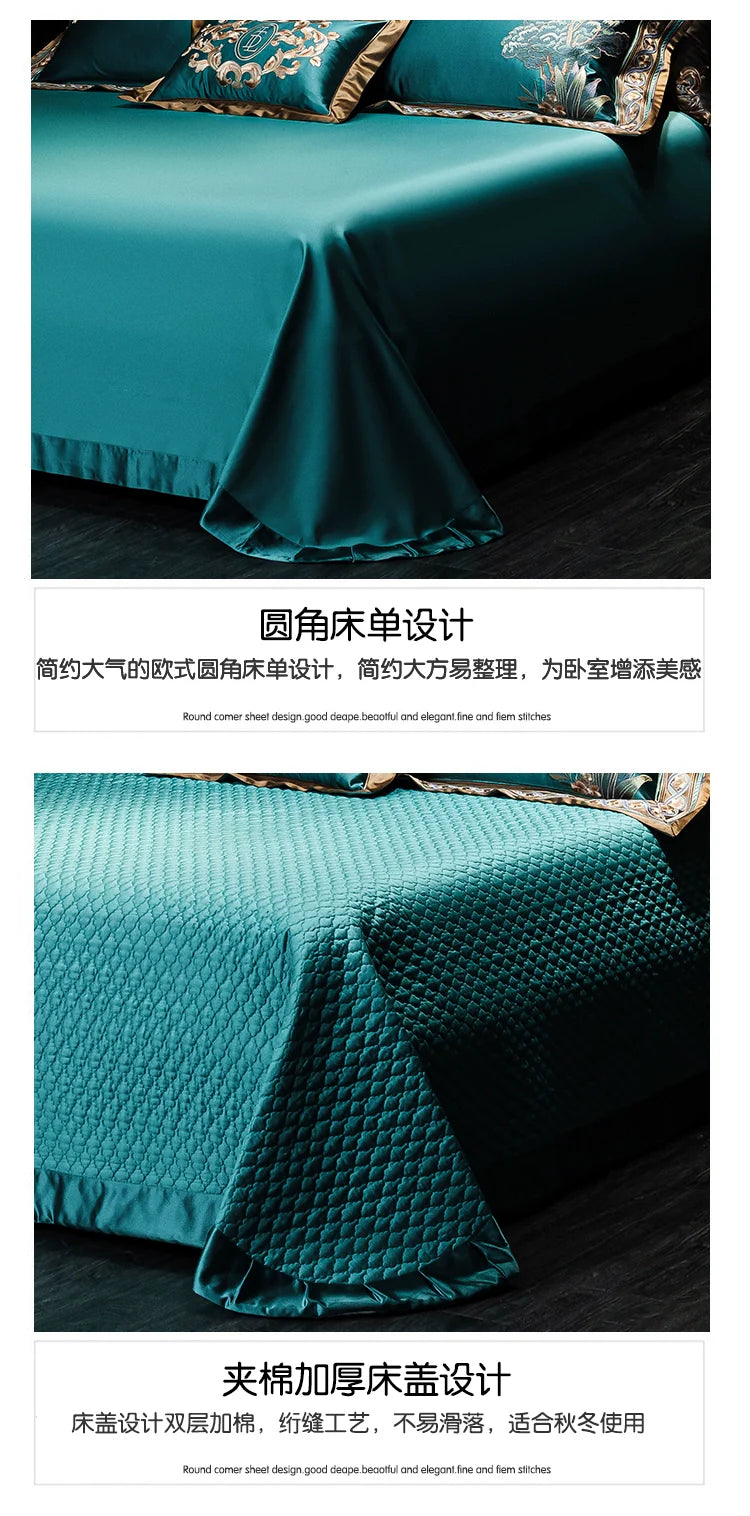 European Luxury Palace Satin Silk Cotton Embroidery Bedding Set 6-10 PCs Set